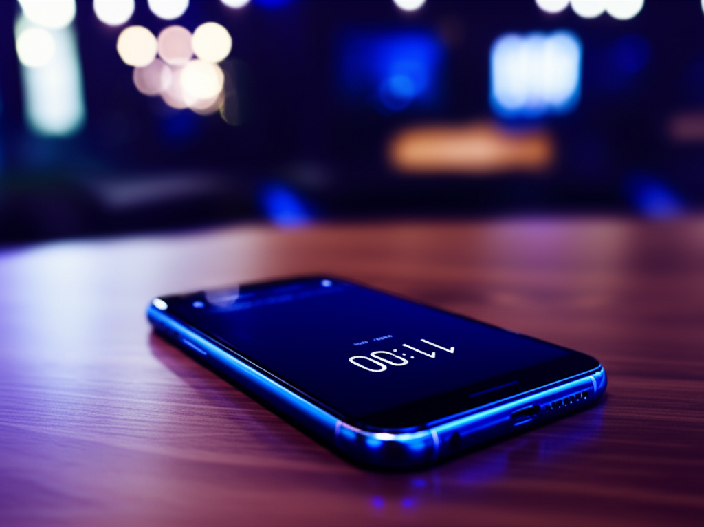 Таинственный смартфон на столе, дисплей которого показывает время и раскрывает 0011 на часах значение.