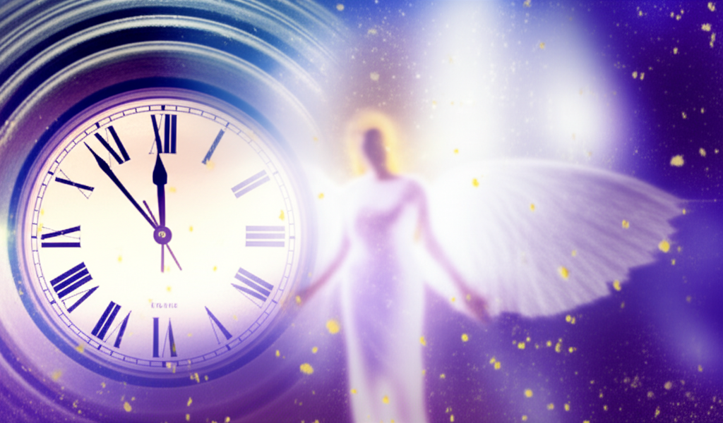 Светящиеся цифры на циферблате показывают 01 01 на часах значение ангельская нумерология на фоне космического неба и силуэта ангела.