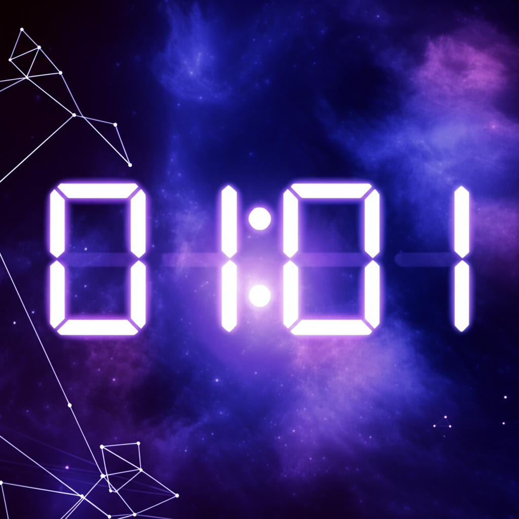 Абстрактное изображение часов, показывающих 01 01 значение на фоне космического пространства.