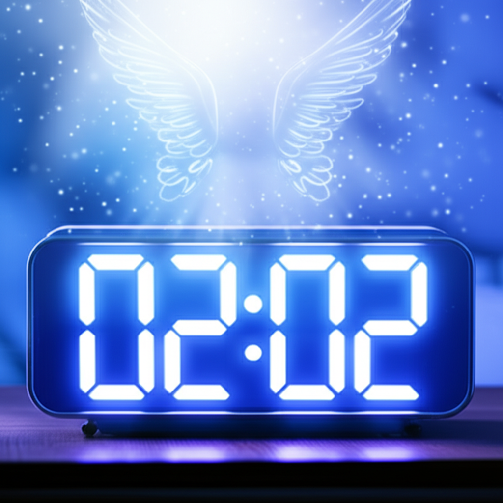 Цифровые часы показывают время 02:02, раскрывая 02 02 на часах значение ангельская нумерология в мистическом свете.