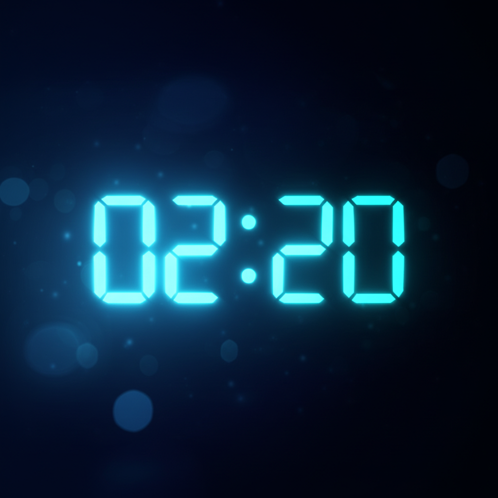 Цифровые часы, показывающие мистическое время 0220 на часах, на темном фоне с мягким неоновым свечением.