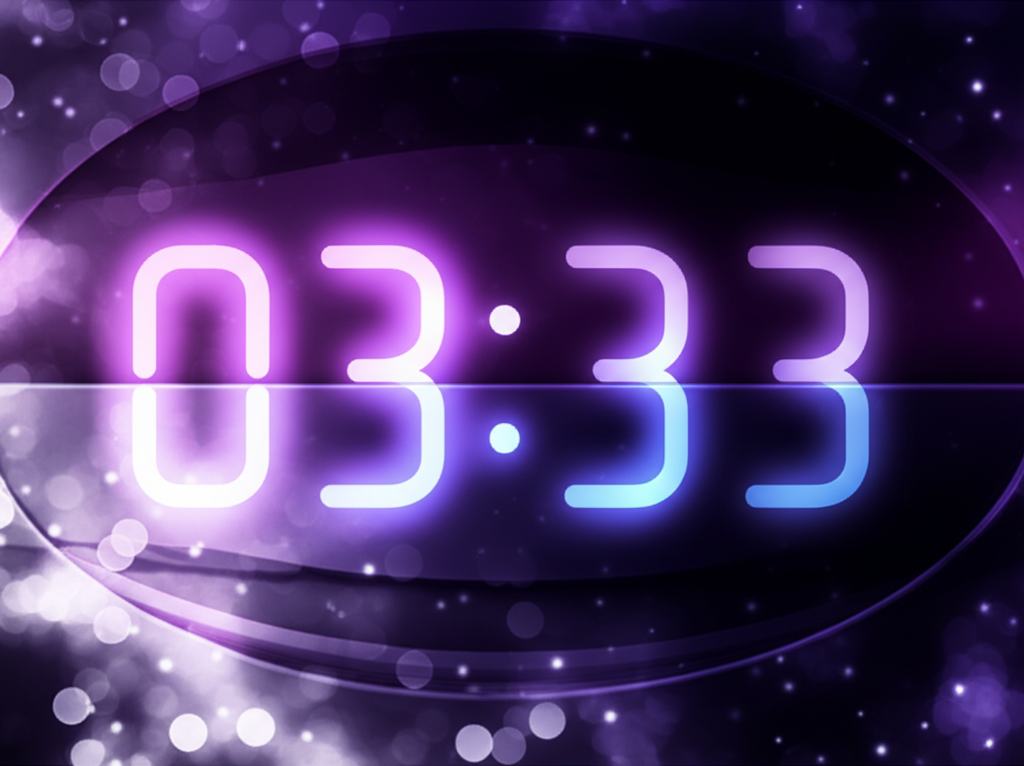 Мистическое значение комбинации 0333 на часах, отображаемое на цифровом циферблате на фоне космического неба.