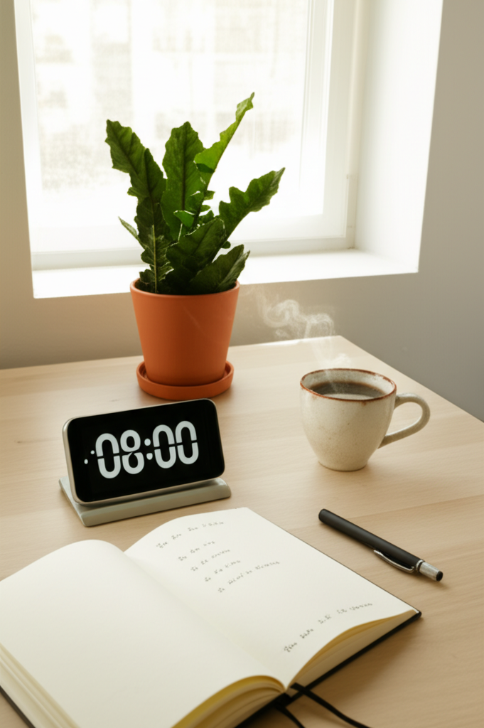 Современное рабочее место утром, на столе часы показывают время 08 00, символизируя начало продуктивного дня.