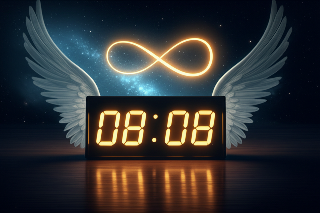 Символическое изображение 08 08 ангельская нумерология с цифровыми часами и светящимся знаком бесконечности.