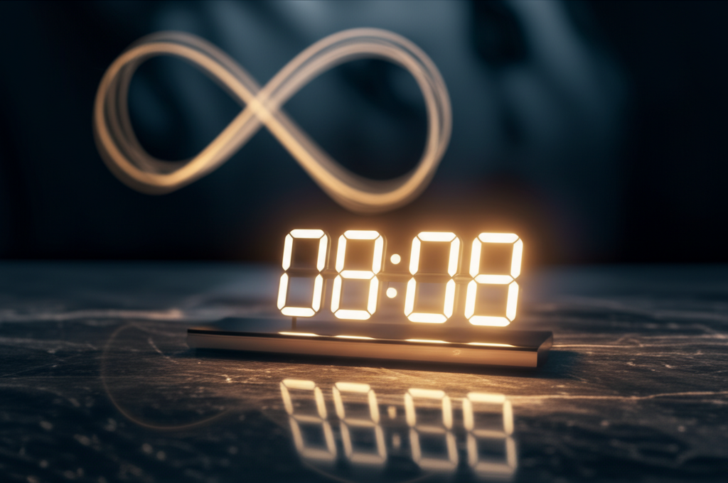 Цифровые часы показывают время, и комбинация 0808 что значит на час, подсвечена мягким светом на темном фоне.