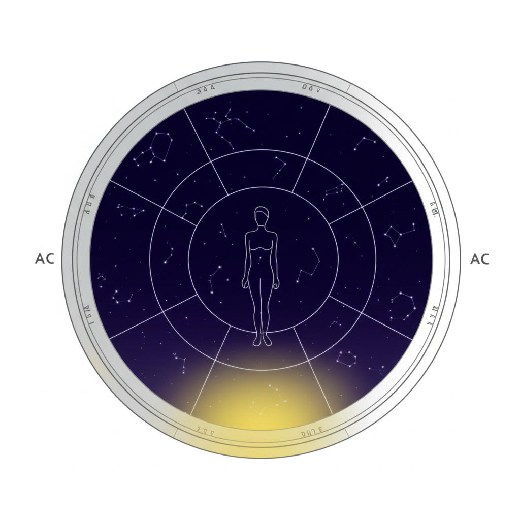 Астрологическая карта, на которой выделен 1 дом в астрологии, символизирующий личность и Асцендент.