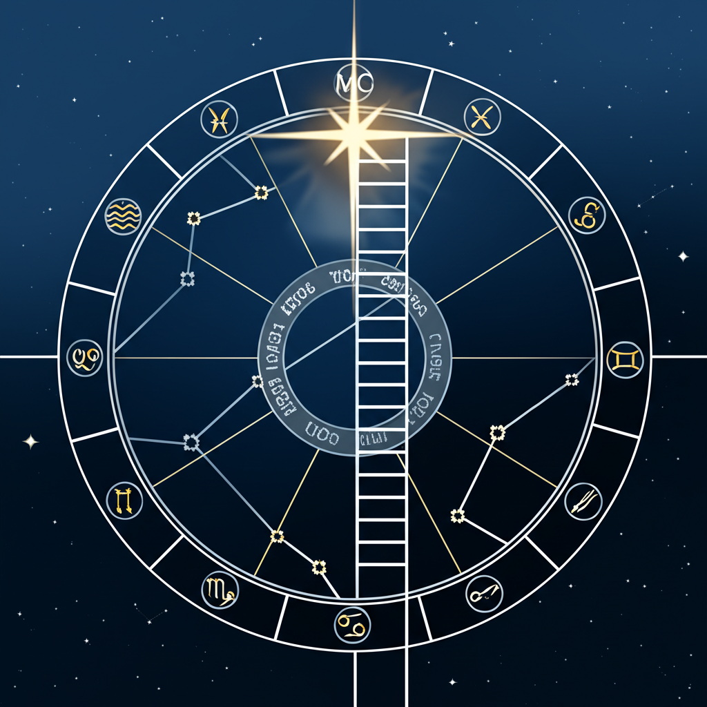 Схематичное изображение натальной карты, где 10 дом в астрологии отвечает за вершину гороскопа и карьерный путь.