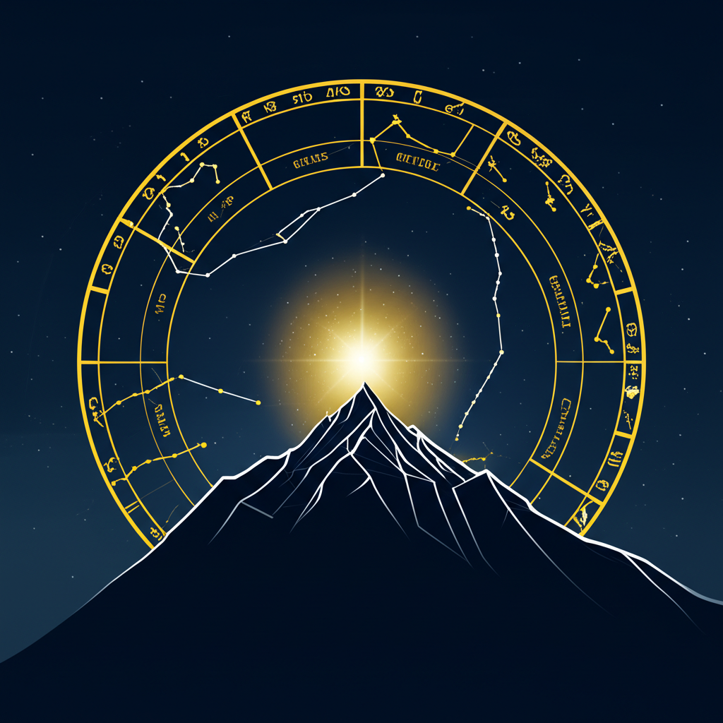 Символическое изображение вершины горы и звездного неба, иллюстрирующее 10 дом в астрологии.