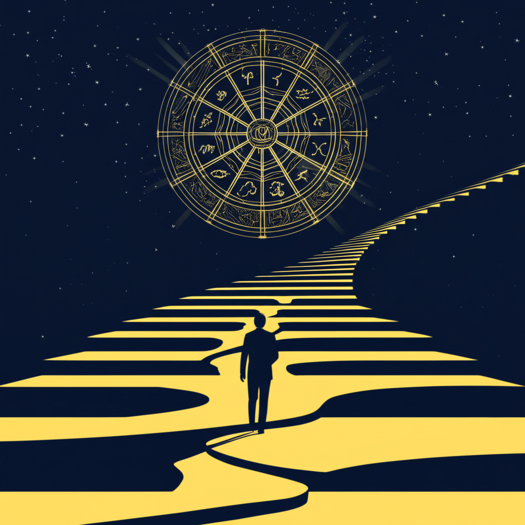 Астрологическая иллюстрация, символизирующая 10 дом в натальной карте как путь к профессиональным вершинам.
