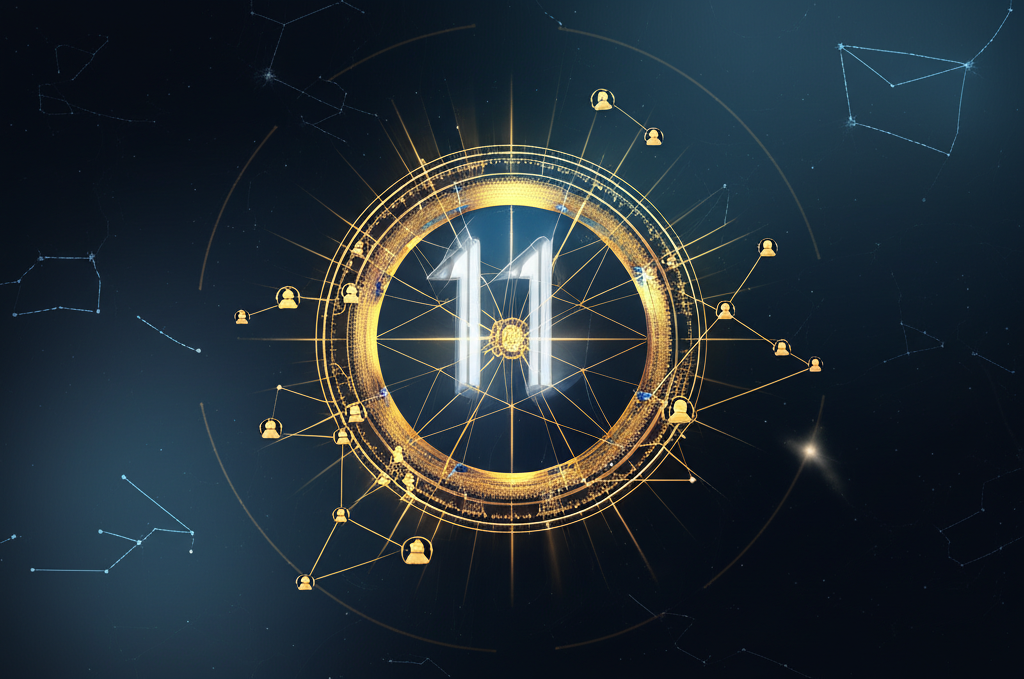 Астрологическая иллюстрация, символизирующая 11 дом в натальной карте как сеть социальных связей.