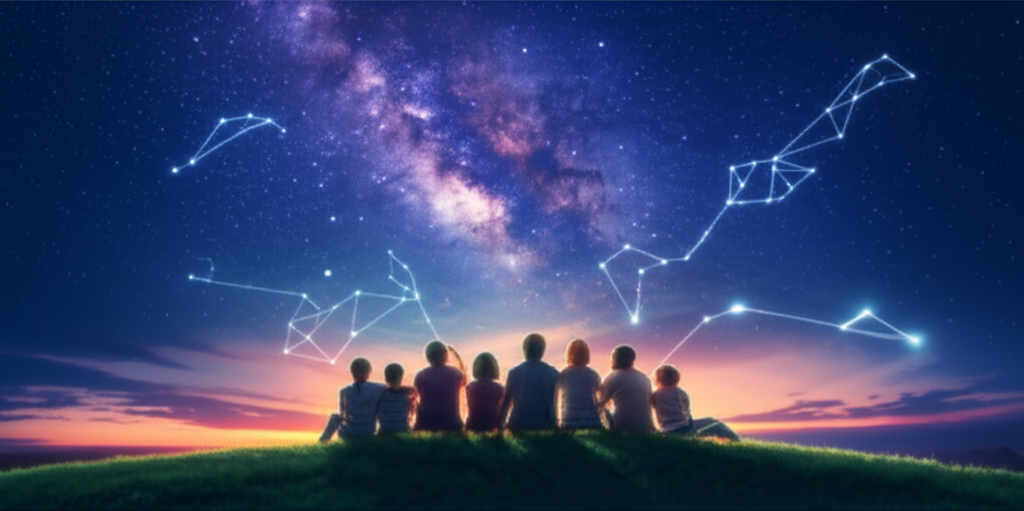 Группа друзей смотрит на звёздное небо, что иллюстрирует, за что отвечает 11 дом в астрологии.