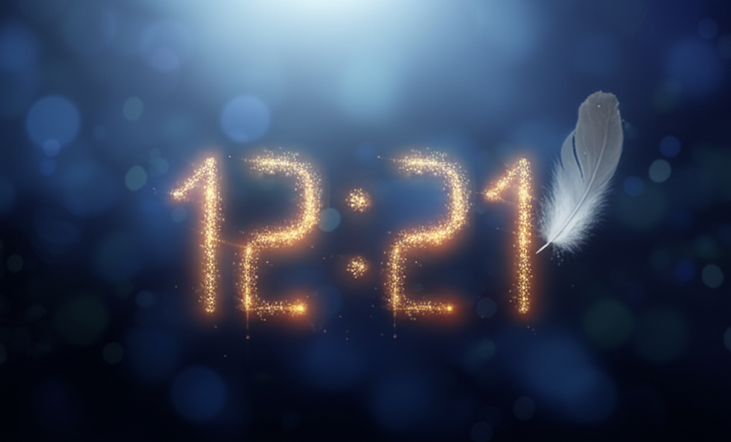 Мистические часы и ангельское перо, иллюстрирующие 12 21 на часах значение ангельская нумерология.