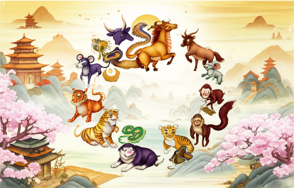 Иллюстрация, изображающая 12 животных китайского зодиака, каждое со своим уникальным характером, на фоне традиционного китайского пейзажа.