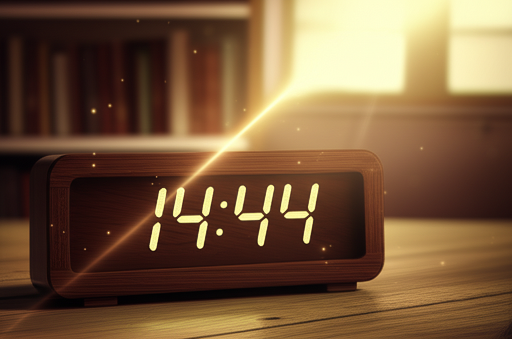 Цифровые часы показывают время 14:44, на них падает луч света, иллюстрируя, 14 44 что значит это важное послание.