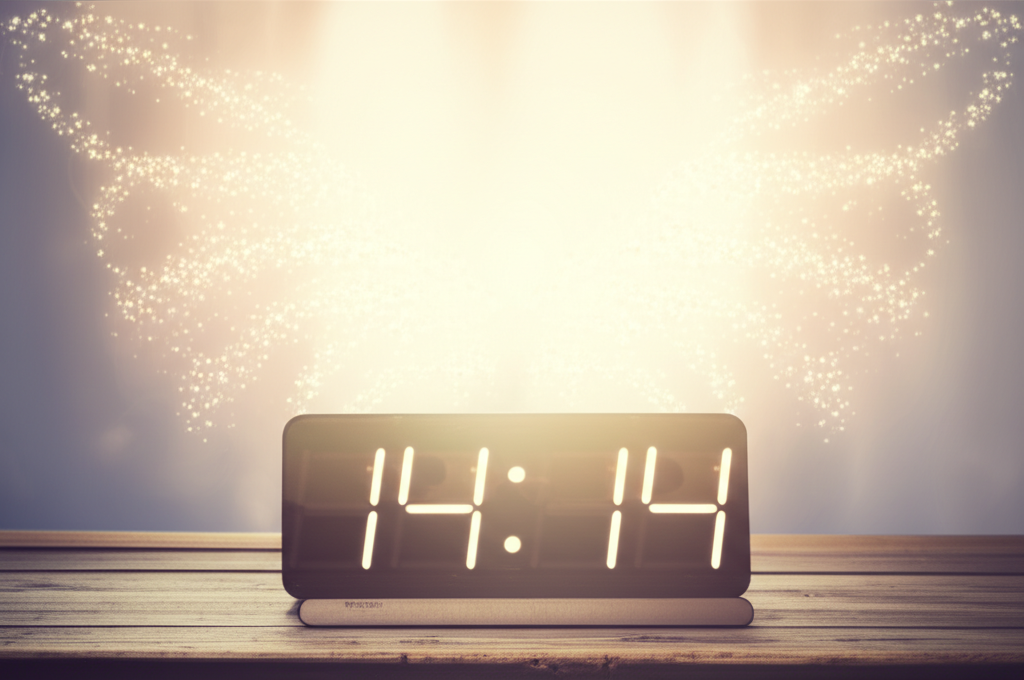 Циферблат электронных часов показывает время, раскрывая 1414 на часах значение ангельская.