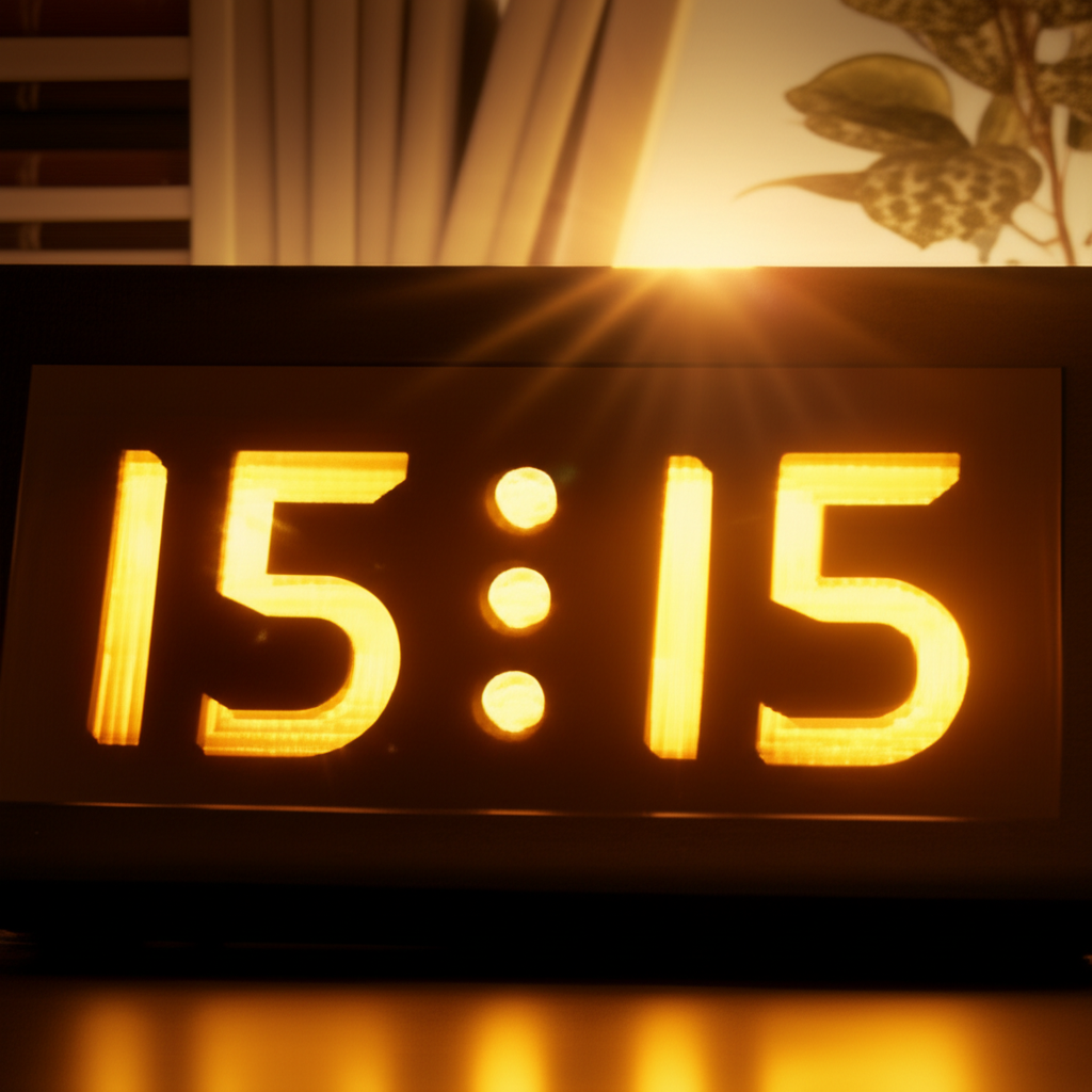 Цифровые часы крупным планом, на которых светится время, и возникает вопрос: 15 15 на часах что значит.