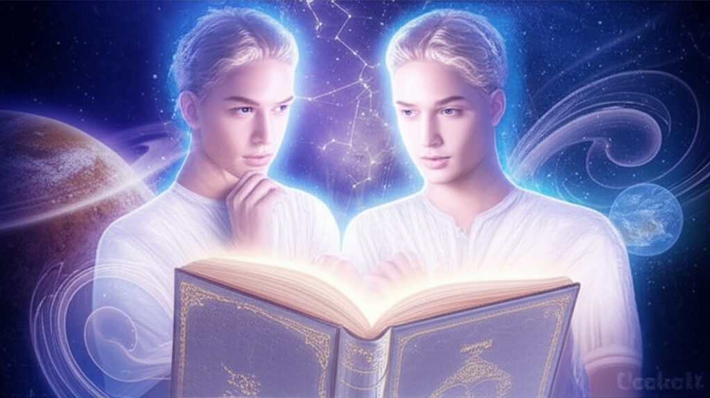 Астрологическая иллюстрация, представляющая 15 июня знак зодиака Близнецы с символами планеты Меркурий.