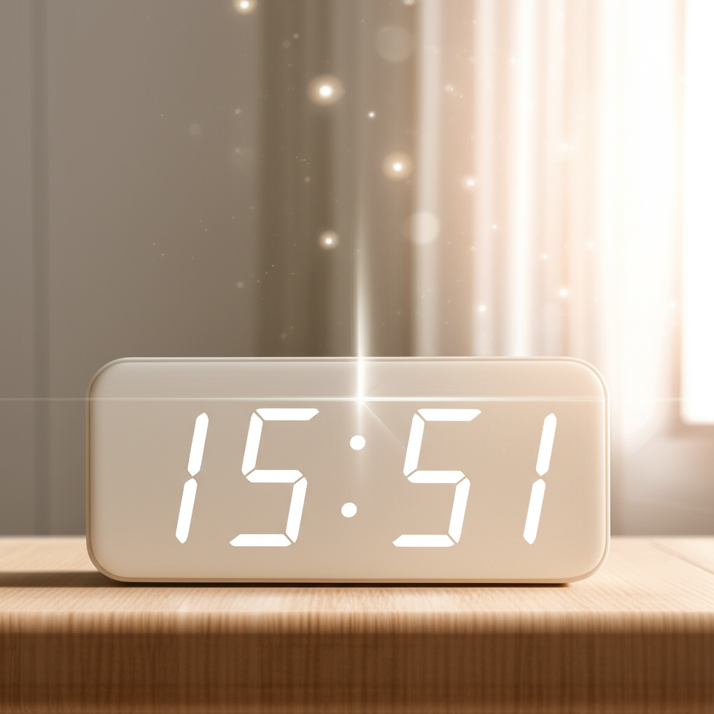 Цифровые часы на столе показывают время 15:51, раскрывая 1551 на часах значение ангельская нумерология.