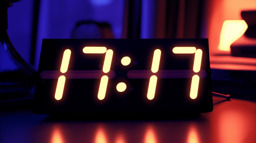 Цифровые часы на столе в полумраке, показывающие время, раскрывающее 17ж17 на часах значение.