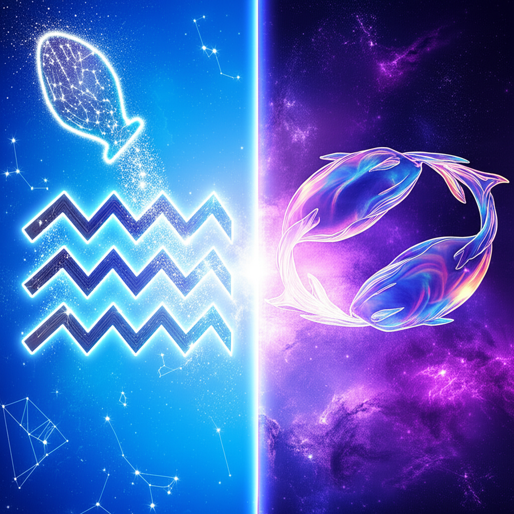 Иллюстрация, показывающая 19 февраля какой знак зодиака по гороскопу — переход от Водолея к Рыбам.