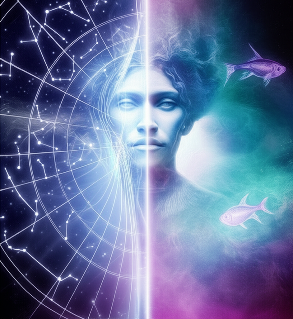 Астрологическая иллюстрация, где изображен 19 февраля знак зодиака на стыке двух созвездий