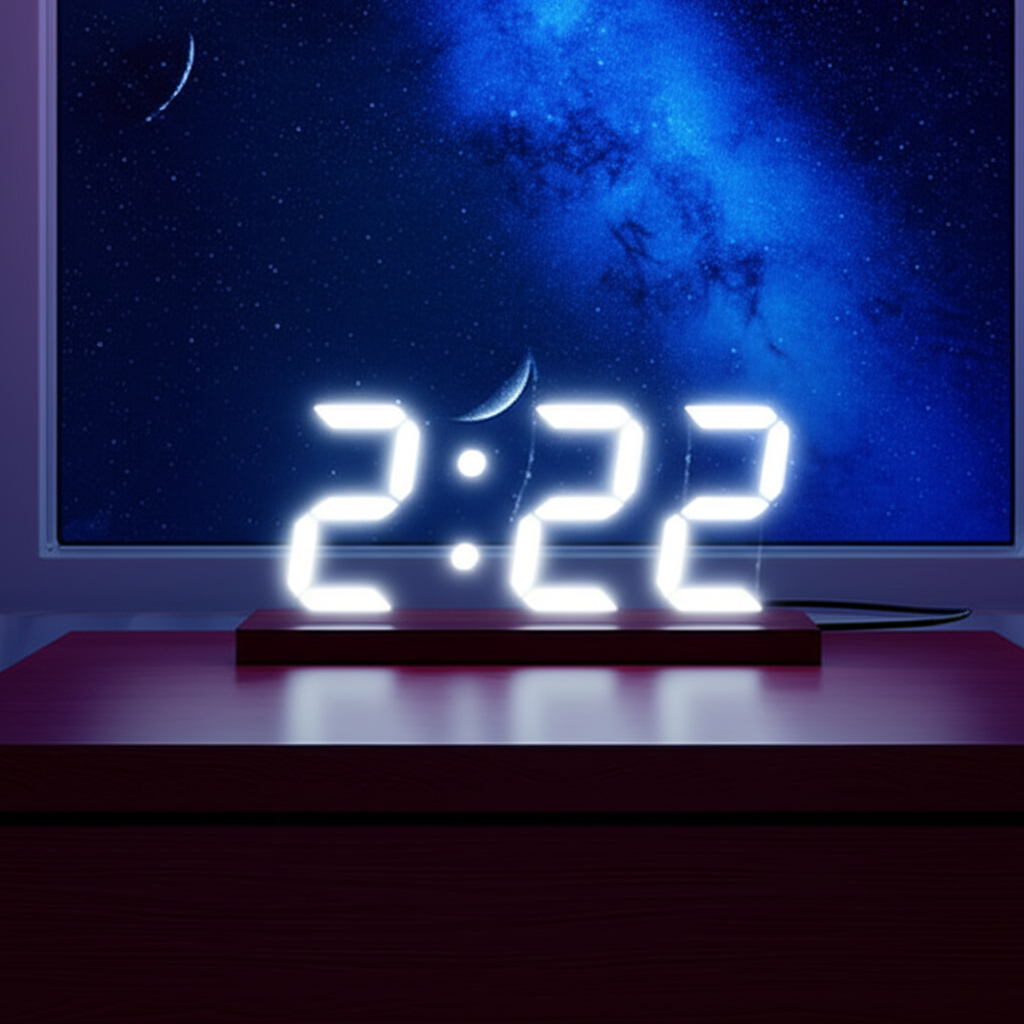 Цифровые часы показывают 2 22 время обозначение на фоне гармоничного ночного неба.
