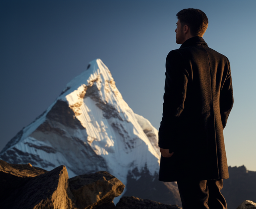 Целеустремленный и надежный 2 января знак зодиака мужчина на фоне горного пейзажа.