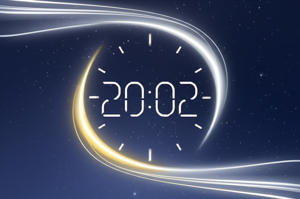 Цифровые часы на фоне звездного неба, иллюстрирующие ответ на вопрос, 20 02 что значит это время.