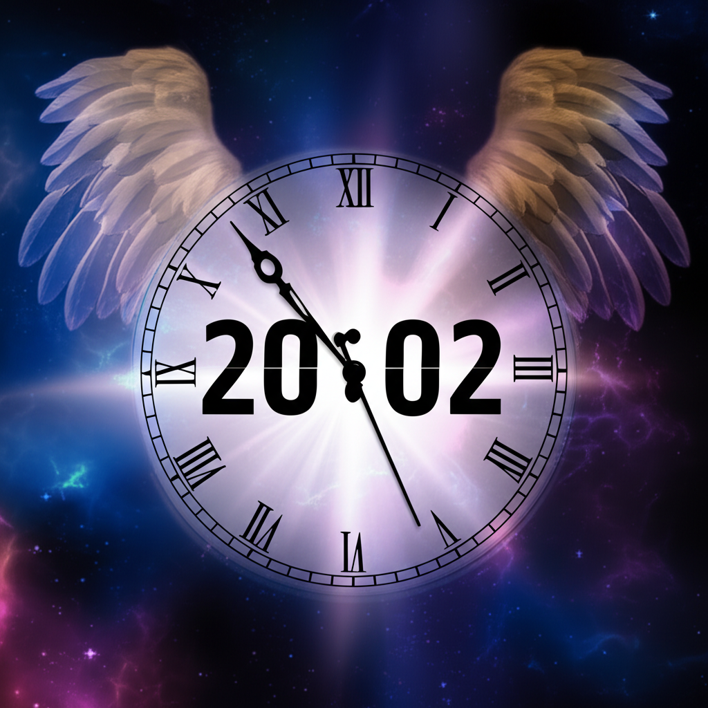Цифровые часы показывают время 20:02, раскрывая 2002 на часах значение ангельская нумерология на фоне мистического свечения.