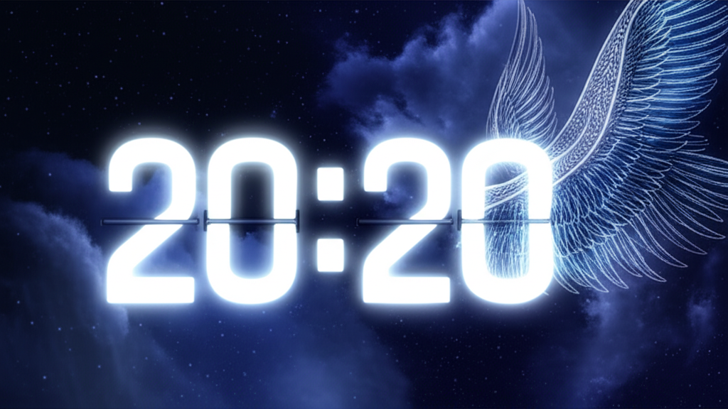 Цифровые часы, показывающие время 20:20, и 2020 на часах значение в ангельской нумерологии на фоне звездного неба.
