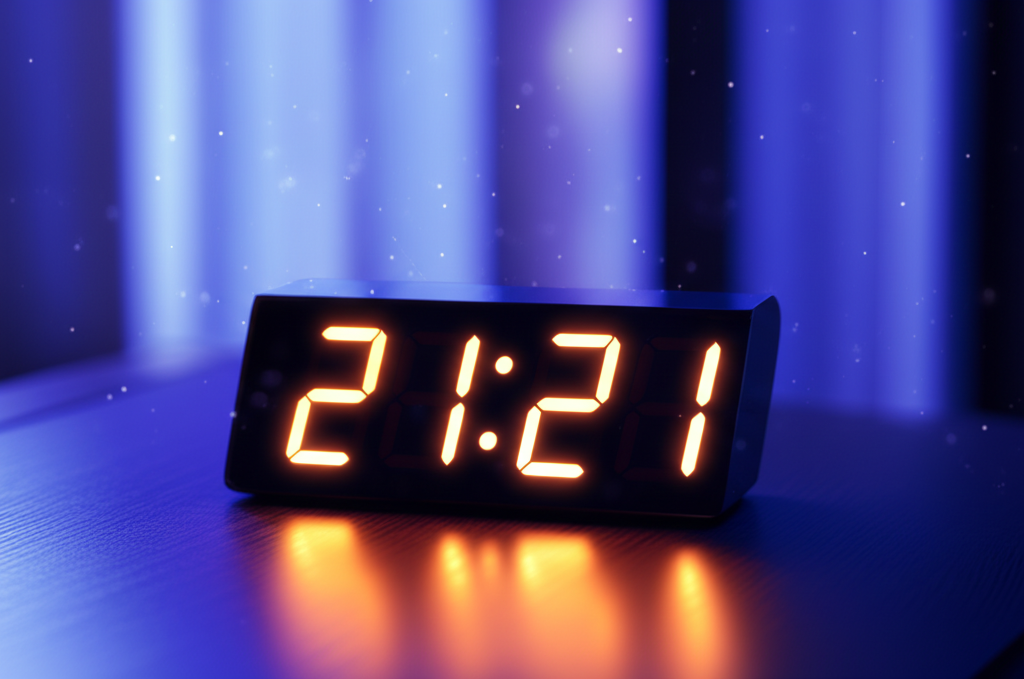 Электронные часы с яркими цифрами, показывающими 21 21 на часах значение на часах.