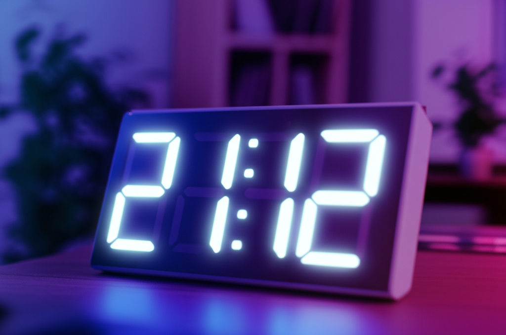 Цифровые часы с яркими цифрами показывают 21:12, символизируя 2112 на часах быстрый ответ для ищущего.