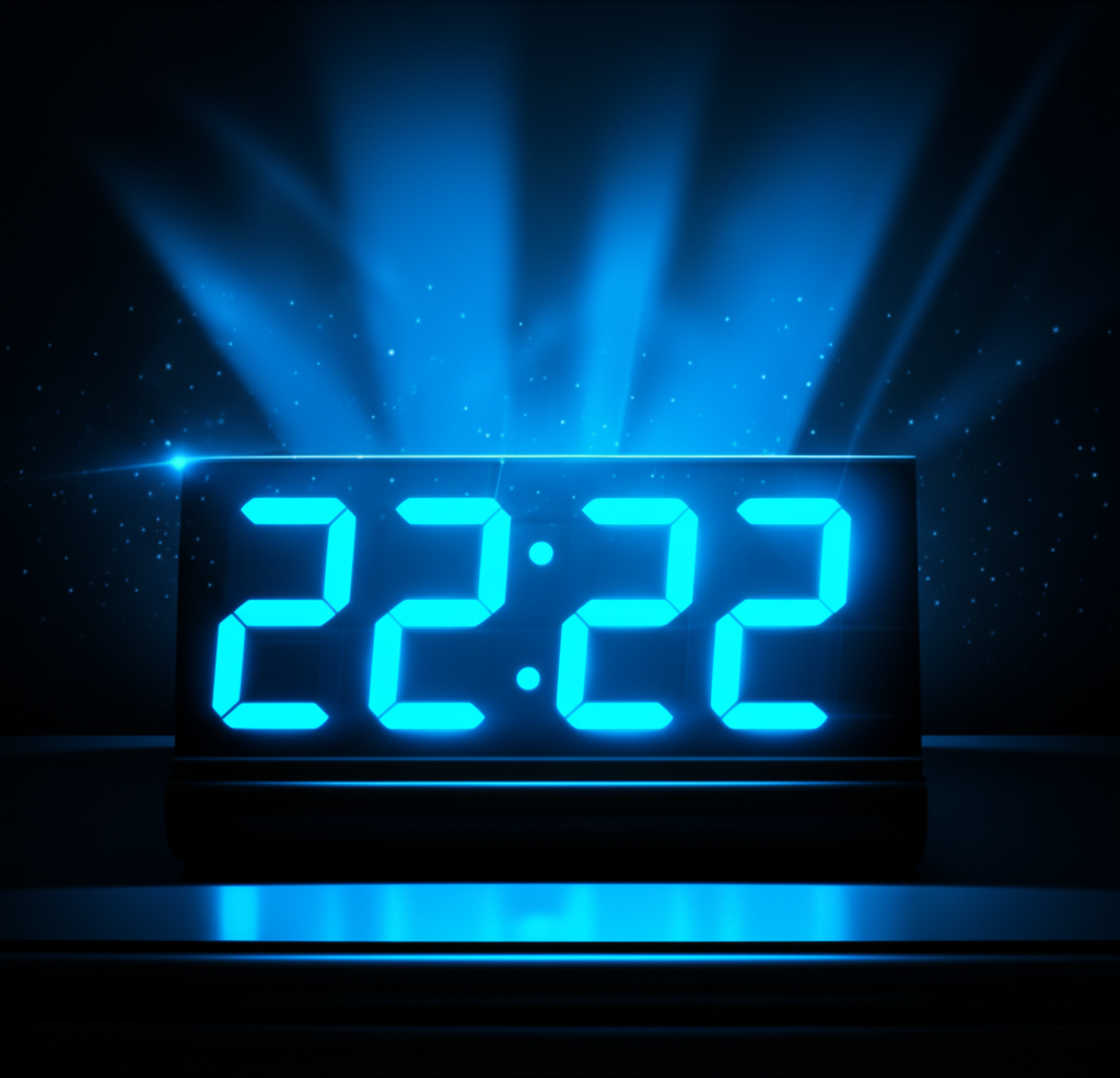 Цифровые часы показывают время 22:22, иллюстрируя тему 22 22 нумерология и ее мистическое значение.