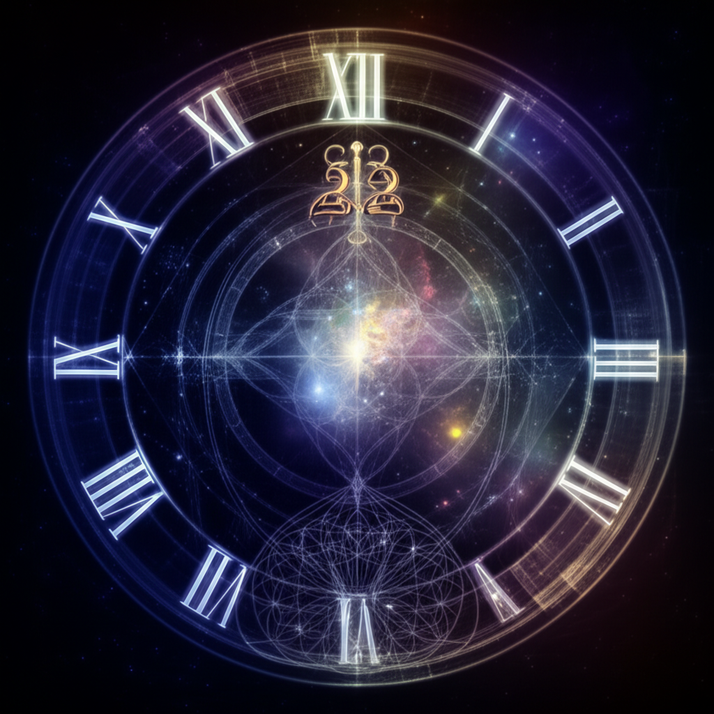 Космические часы, на которых отображено 22 33 значение, символизирующее послание Вселенной и духовный путь.