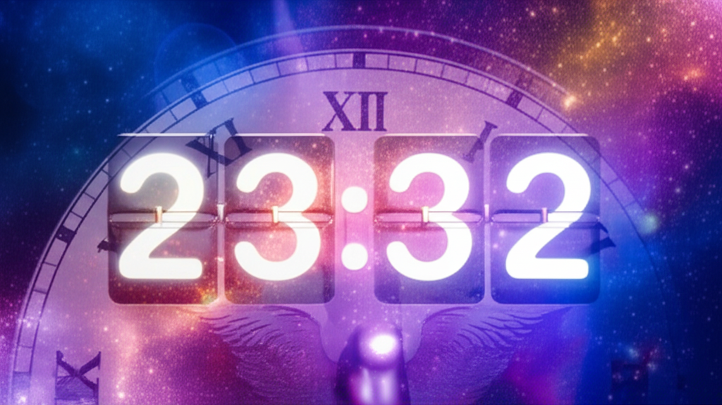 Космические часы, показывающие время 23:32 — полное 23 32 значение в ангельской нумерологии.