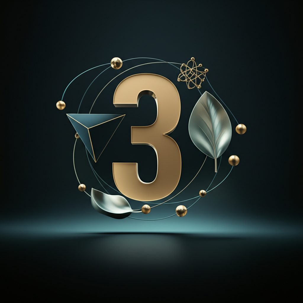 Абстрактная визуализация вопроса 3 что это, с центральной светящейся цифрой и символами