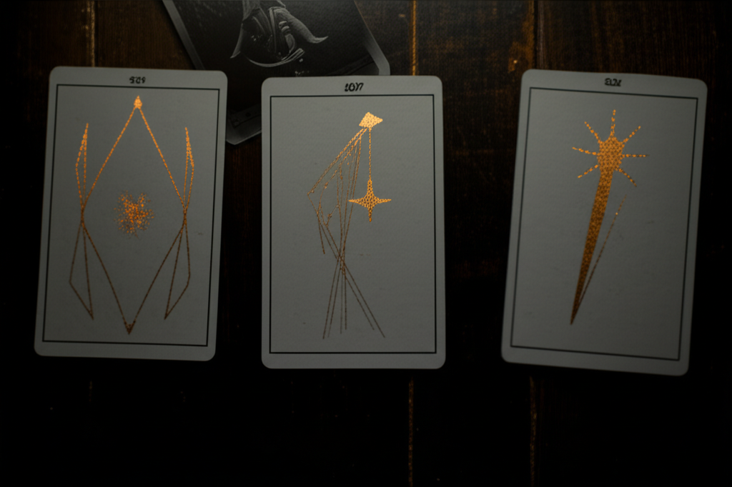 Три карты Таро, разложенные на столе и иллюстрирующие 3 коротких расклада.