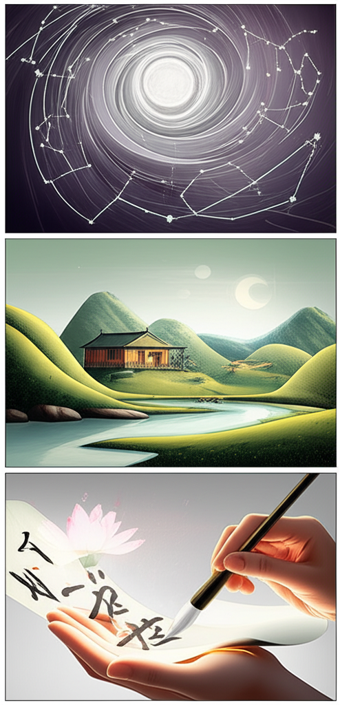 Стилизованное изображение, иллюстрирующее 3 типа китайской удачи: небо, земля и человек в гармонии.