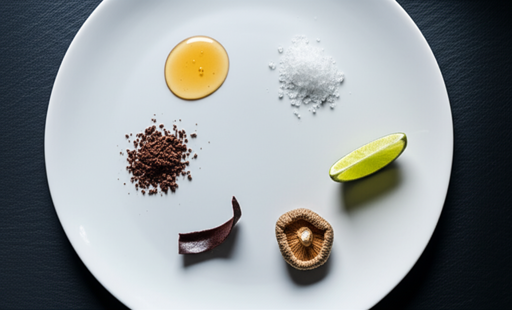 Стилизованное изображение, иллюстрирующее 5 вкусовых ощущений на тарелке: сладкое, соленое, кислое, горькое и умами.