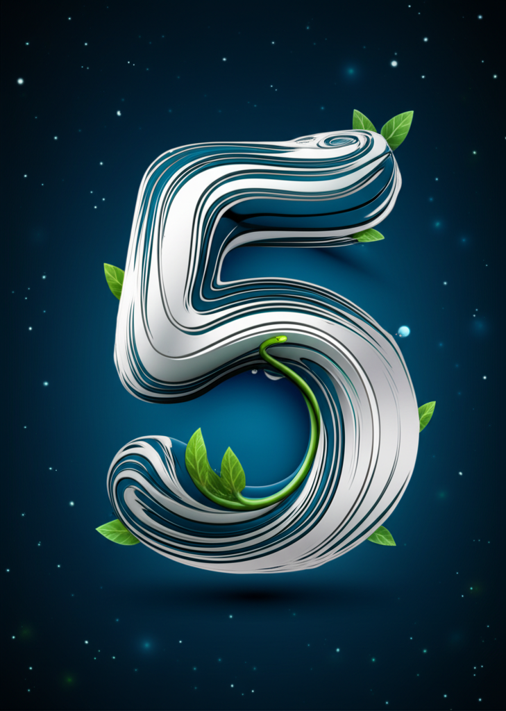 Символическое изображение, раскрывающее 5 значение числа в виде светящейся цифры.