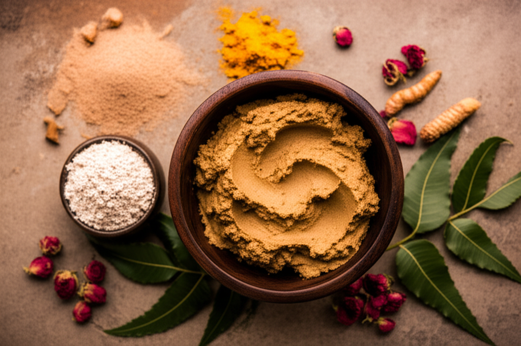 Натуральные аюрведические скрабы маски в деревянной чаше, окруженные травами и специями