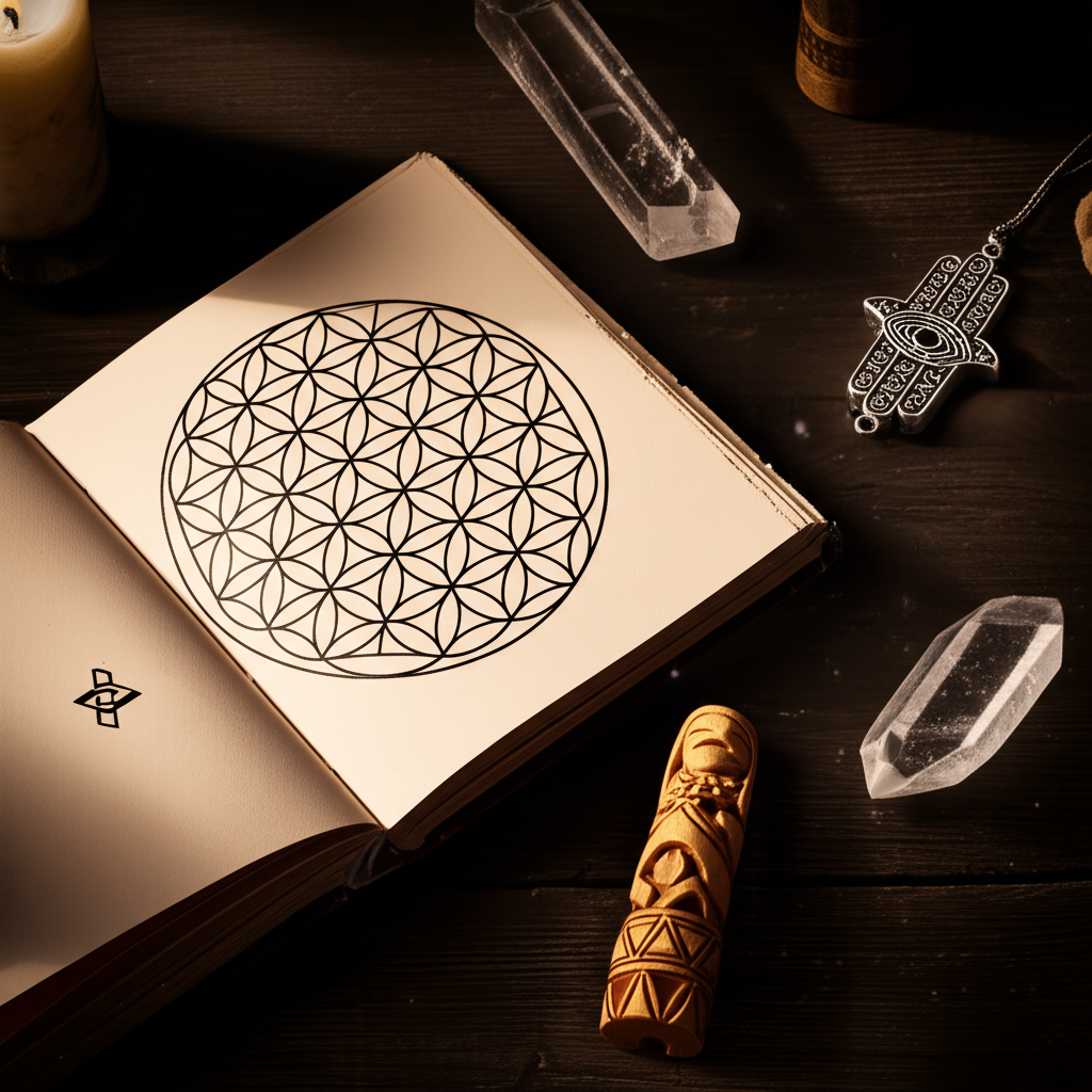 Разнообразные амулеты обереги талисманы символы, разложенные на старинном деревянном столе.