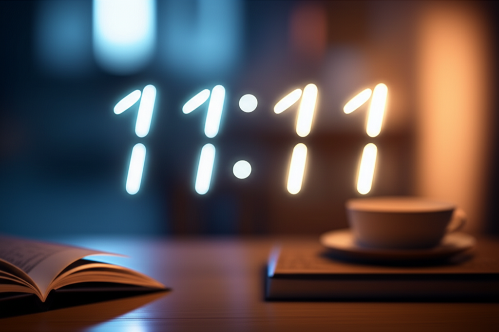 Светящиеся цифры 11:11 на дисплее электронного устройства, иллюстрирующие ангельские часы и их духовное значение.