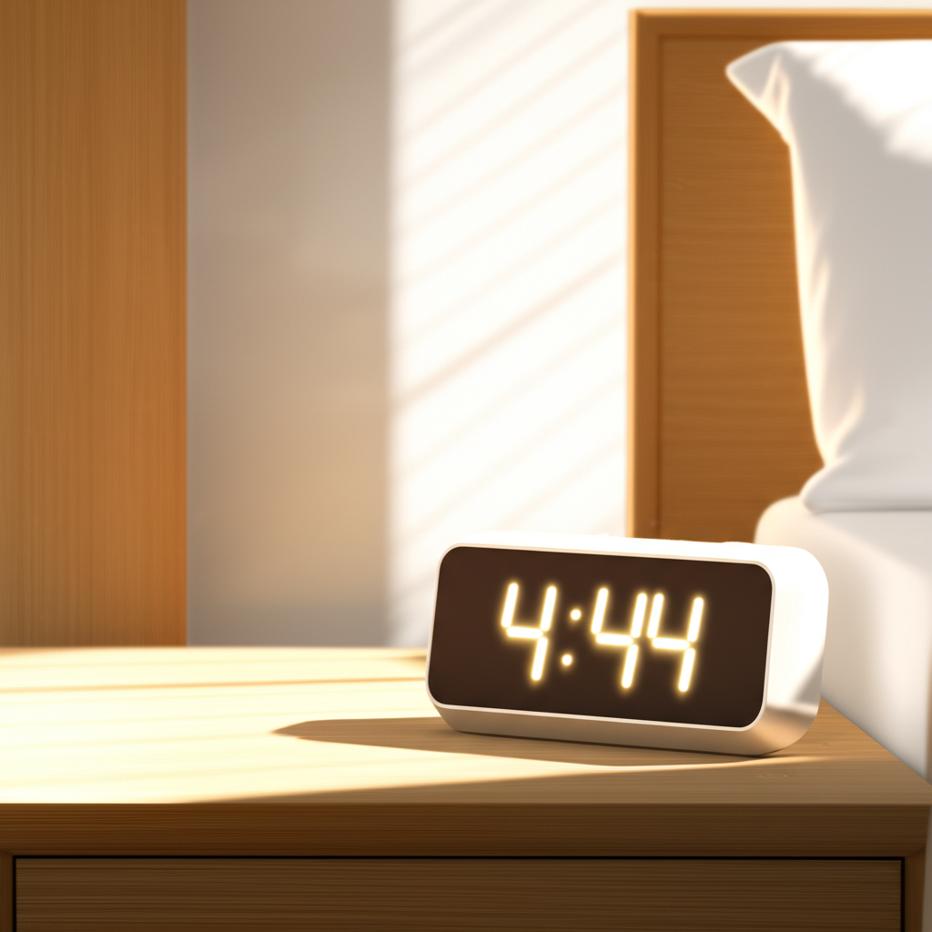 Умиротворяющая сцена, где ангельское число 444 светится на цифровых часах ранним утром, символизируя поддержку.