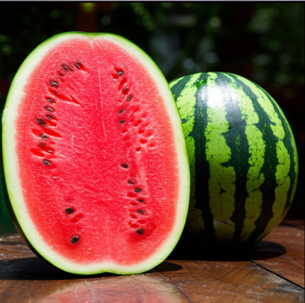 Разрезанный спелый плод на деревянном столе, символизирующий арбузный сезон.