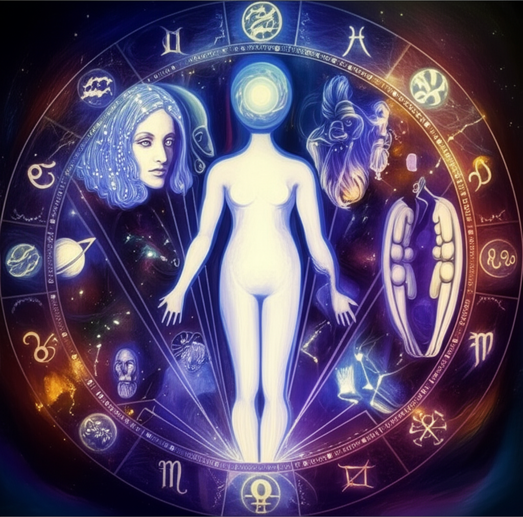 Сюрреалистическое изображение, показывающее взаимосвязь между архетипами по Юнгу в астрологии, где человеческая фигура окружена космическими символами и древними образами.