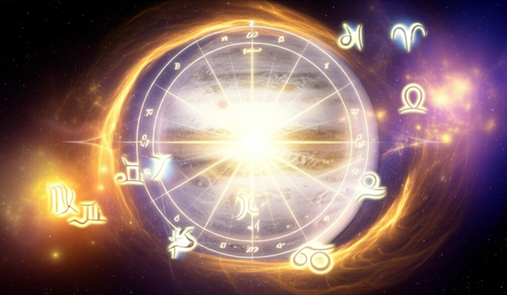 Величественное изображение планеты Юпитер в окружении космической энергии и астрологических символов, иллюстрирующее аспекты Юпитера в натальной карте удача и потенциал благополучия.