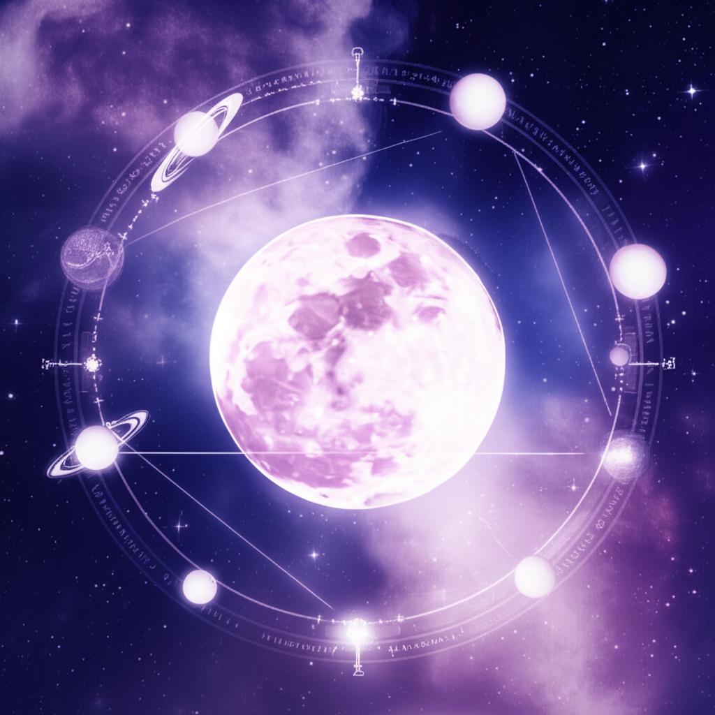 Мистическое изображение Луны в окружении планет и астрологических символов, символизирующее аспекты луны в натальной карте эмоции и их влияние на внутренний мир человека.
