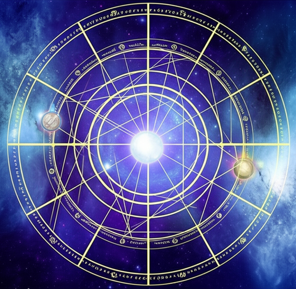 Изображение натальной карты с акцентом на аспекты Меркурия, символизирующие влияние планеты на интеллект и мыслительные процессы.
