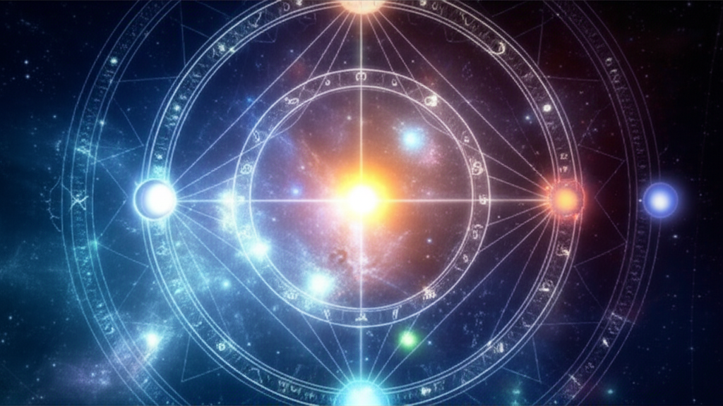Иллюстрация, демонстрирующая аспекты планет в астрологии как светящиеся геометрические связи между планетами на фоне глубокого космоса, отражая их расшифровку и влияние.